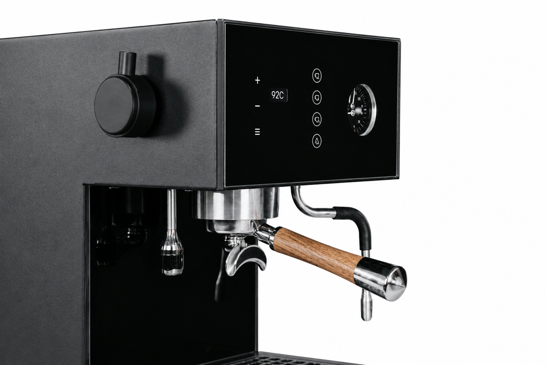 Arkel Tide Bedienpanel Detail – Touch-Display mit 92°C, Manometer, Drehrad und Holzgriff-Siebträger