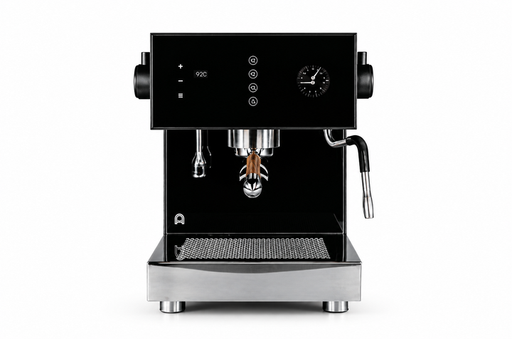 Arkel Tide in Schwarz mit Edelstahlbasis – frontale Ansicht der Dual-Boiler-Espressomaschine aus Porto