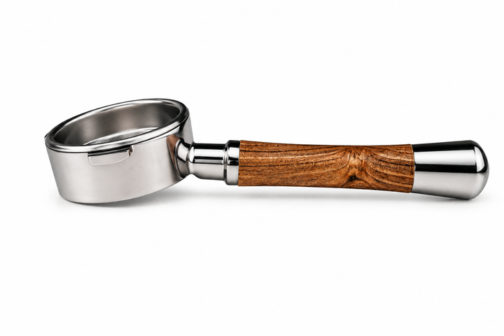 Arkel Edelstahl-Siebträger 58mm mit Holzgriff – Profilansicht des Tide-Siebträgers