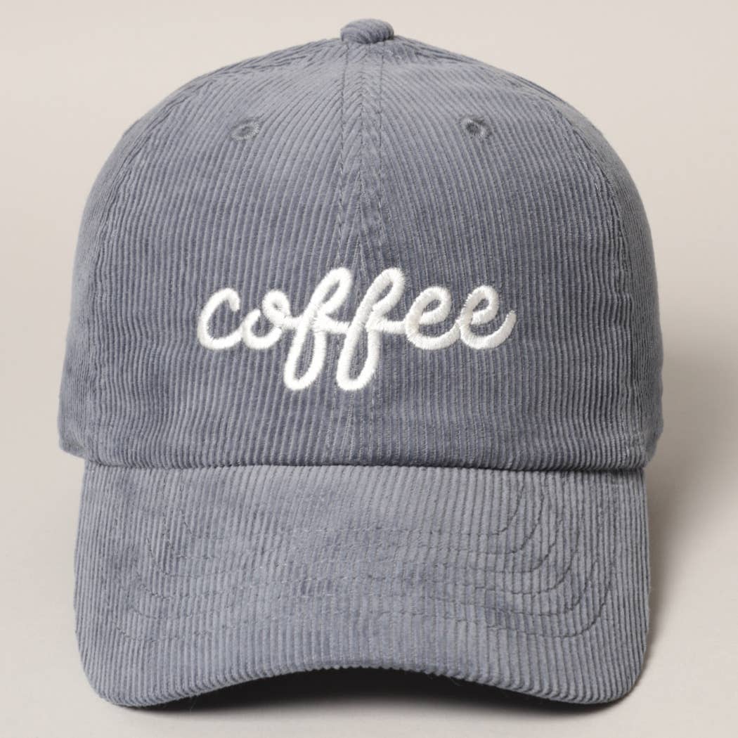 Casquette en velours côtelé bleu-gris avec broderie blanche « coffee », vue de face