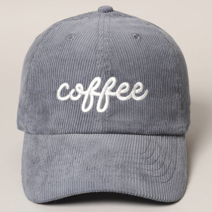 Casquette en velours côtelé bleu-gris avec broderie blanche « coffee », vue de face