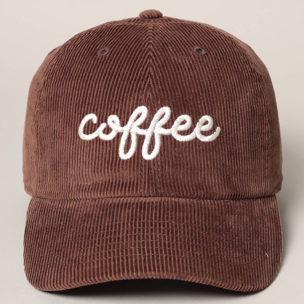 Casquette en velours côtelé brun foncé avec broderie blanche « coffee », vue de face