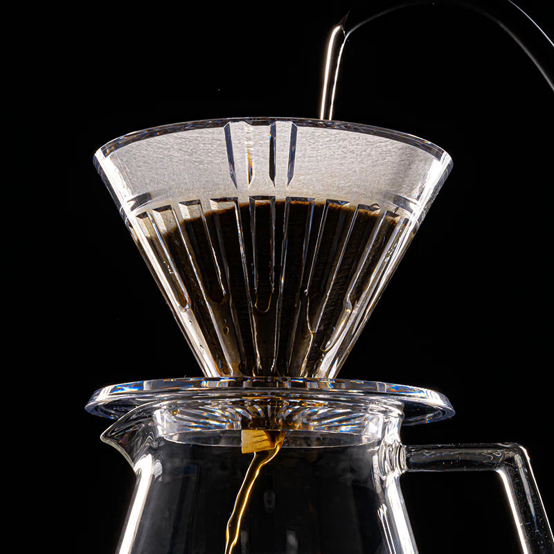 TIMEMORE Crystal Eye Turbo Dripper 01 PCTG being poured over with the coffee server – Coffee Coaching Club
