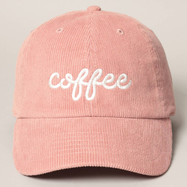 Casquette en velours côtelé rose avec broderie blanche « coffee », vue de face