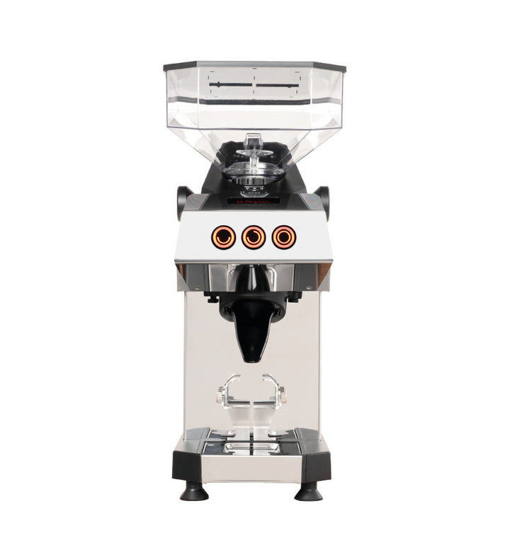La Marzocco Swan espresso grinder – detail of spout and fork – Coffee Coaching Club 3