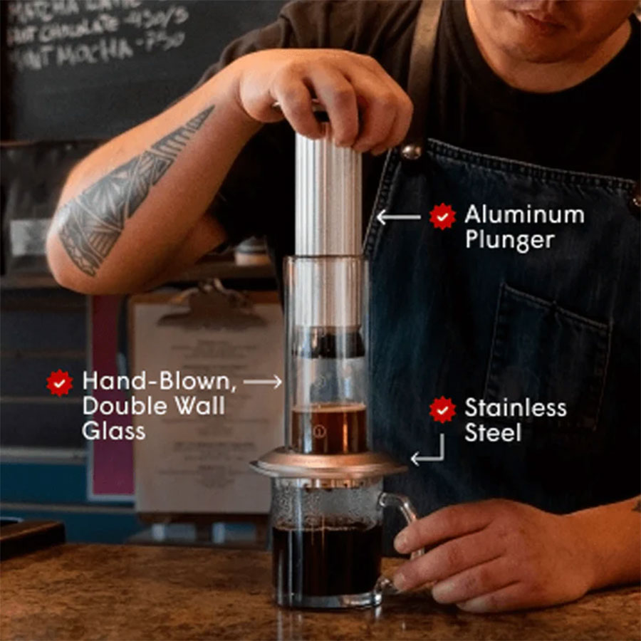 AeroPress Premium Coffee Maker made of glass and stainless steel – a handcrafted masterpiece - Coffee Coaching Club