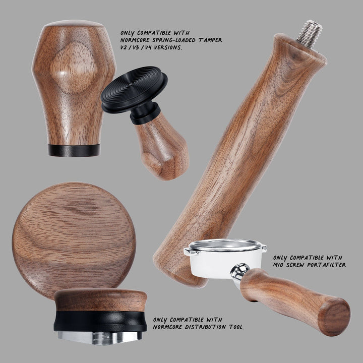 Normcore walnut wooden handle 58.5 mm grain detail – Coffee Coaching Club 2