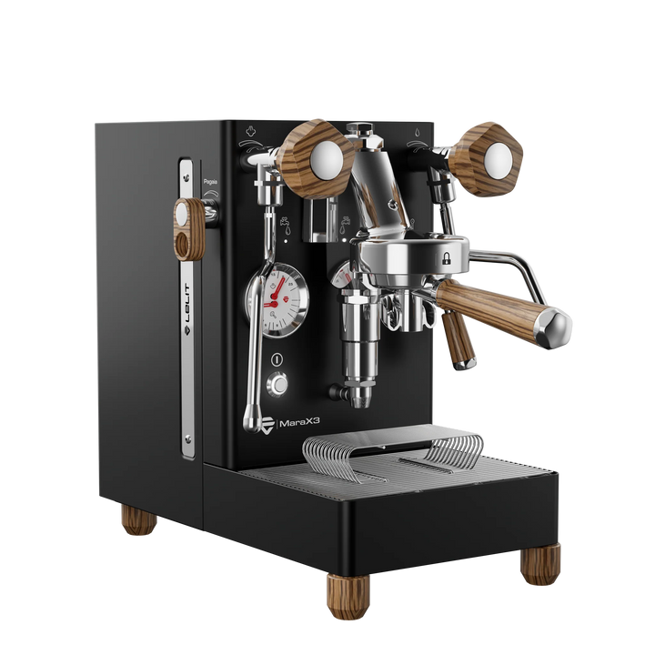 Lelit Mara X3 Schwarz Schrägansicht mit Pagaia-Hebel und Zebranoholz-Griffen - Coffee Coaching Club 6