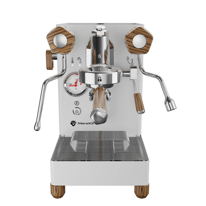 Lelit Mara X3 Weiß Frontansicht mit Manometer und Siebträger - Coffee Coaching Club 10