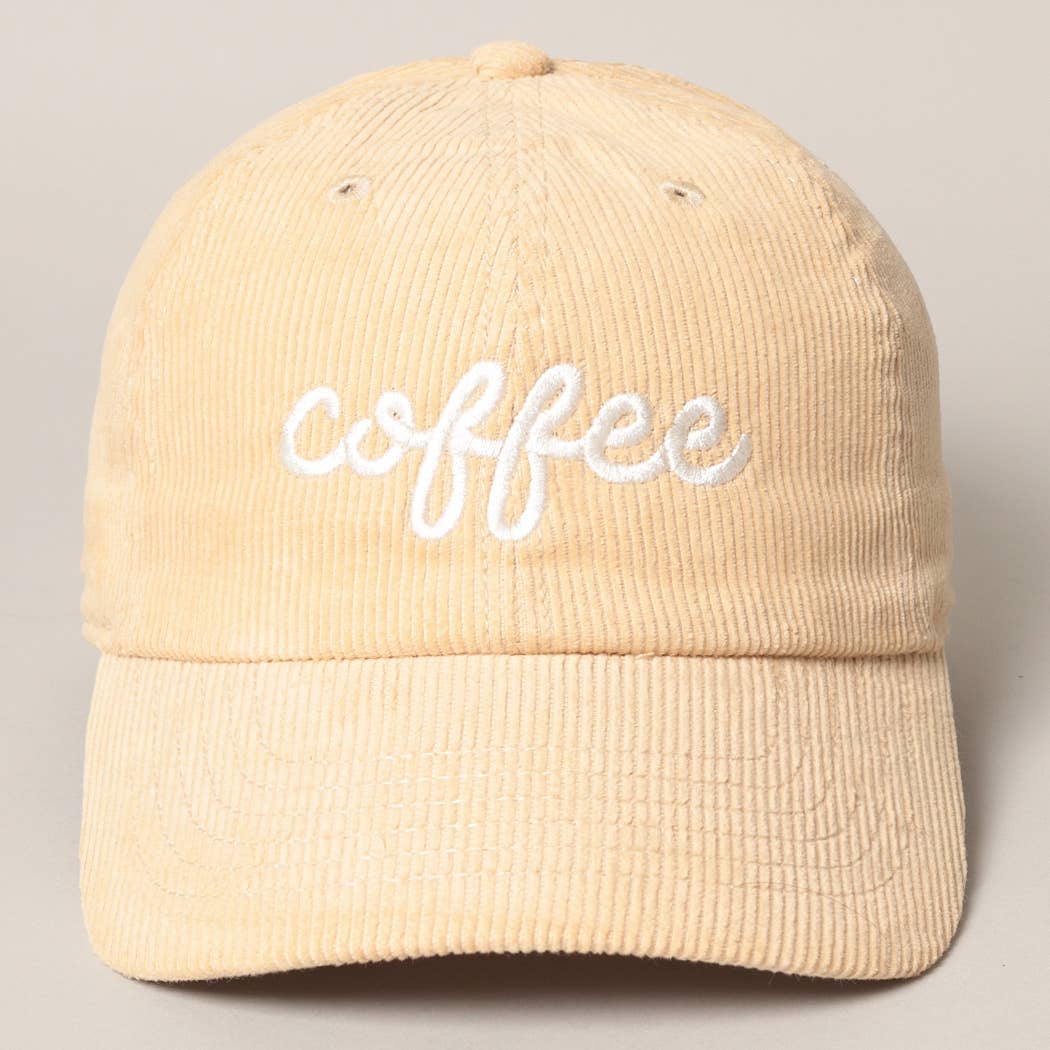 Casquette en velours côtelé beige avec broderie blanche « coffee », vue de face
