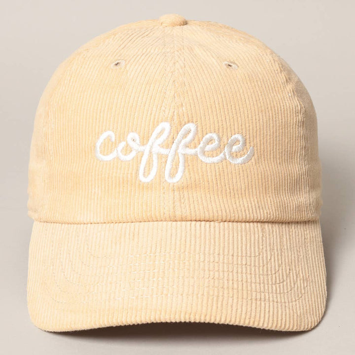 Casquette en velours côtelé beige avec broderie blanche « coffee », vue de face