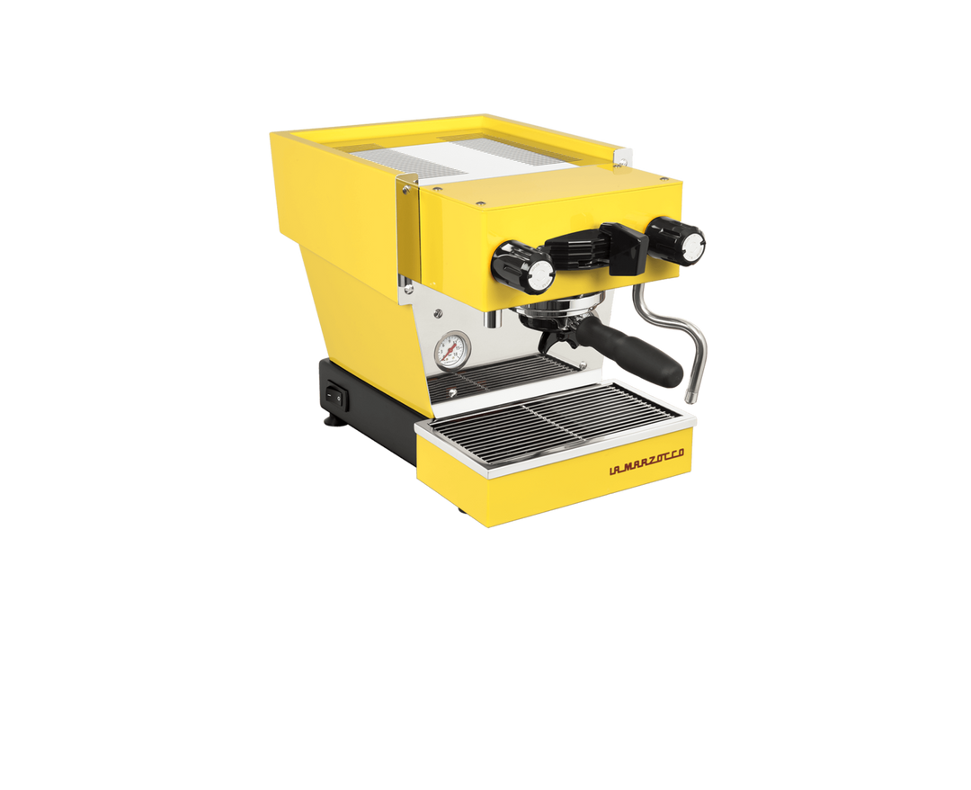 La Marzocco Linea Micra in yellow – front three-quarter view – Coffee Coaching Club