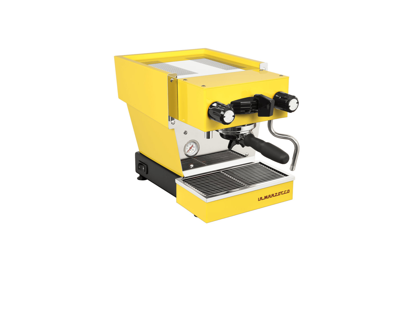 La Marzocco Linea Micra in yellow – front three-quarter view – Coffee Coaching Club