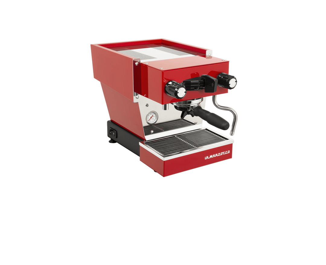 La Marzocco Linea Micra in red – front three-quarter view – Coffee Coaching Club
