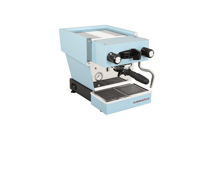 La Marzocco Linea Micra in light blue – front three-quarter view – Coffee Coaching Club