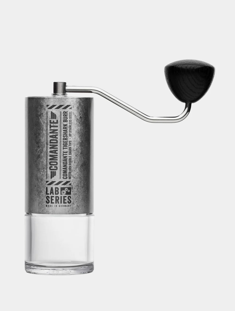 Comandante C40 MK4 Lab Series Tigershark – hand grinder with wooden crank on light background – Coffee Coaching Club