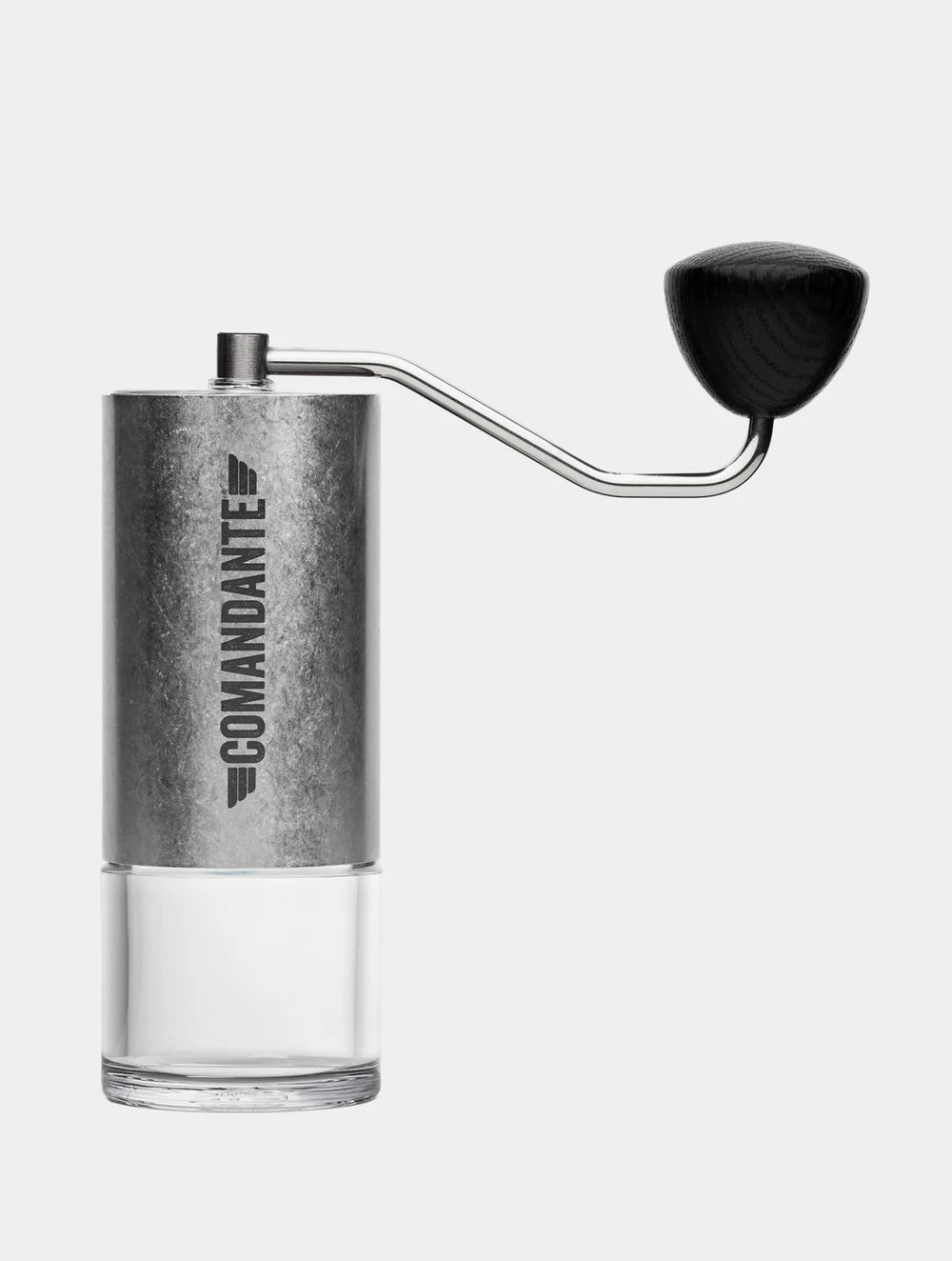 Comandante C40 MK4 Lab Series Tigershark – hand grinder with wooden crank on light background – Coffee Coaching Club