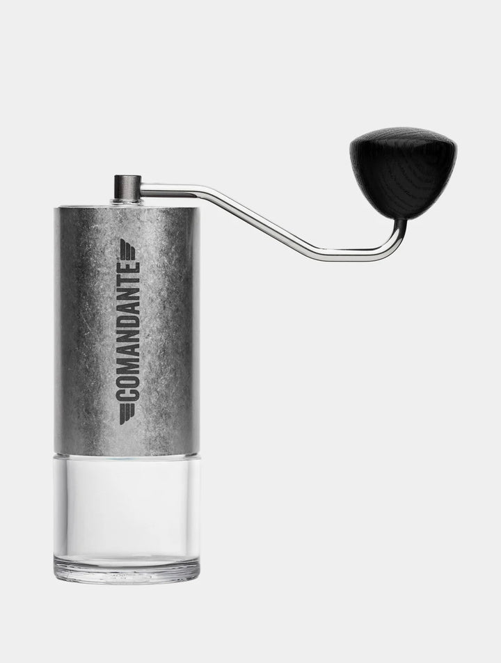 Comandante C40 MK4 Lab Series Tigershark – hand grinder with wooden crank on light background – Coffee Coaching Club
