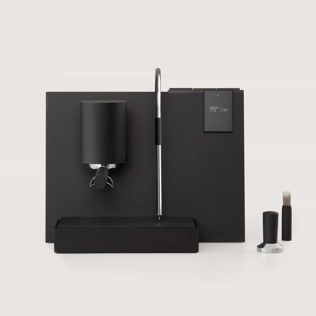 Ligre Youn designer espresso machine in matte black with beech accent – styled set – Coffee Coaching Club