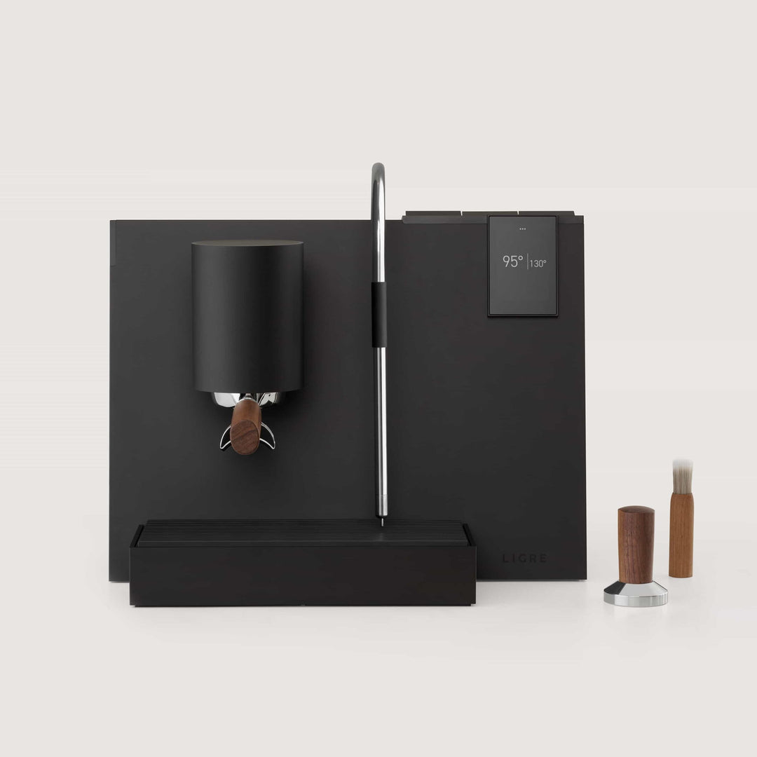 Ligre Youn designer espresso machine in matte black with walnut accent – set shot - Coffee Coaching Club