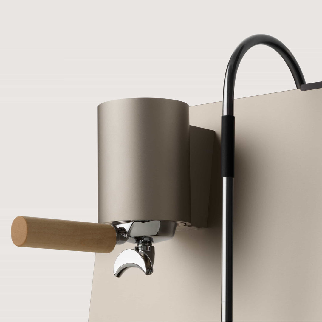 Ligre Youn designer espresso machine in silver beige with maple accent - Coffee Coaching Club