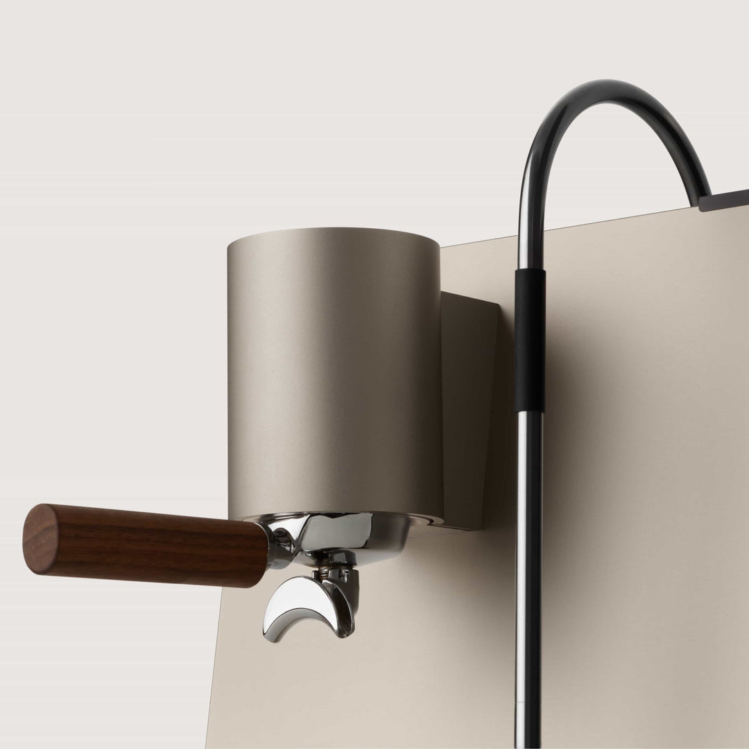 Ligre Youn designer espresso machine in silver beige with walnut accent - Coffee Coaching Club