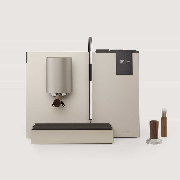 Ligre Youn designer espresso machine in silver beige with walnut accent – set shot - Coffee Coaching Club